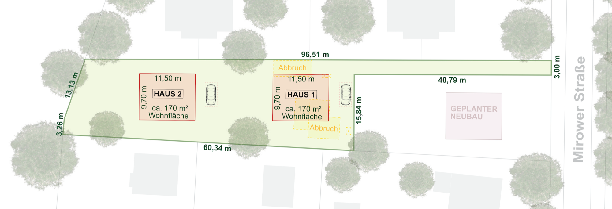 Lageplan mit möglicher Bebauung und Bemaßung